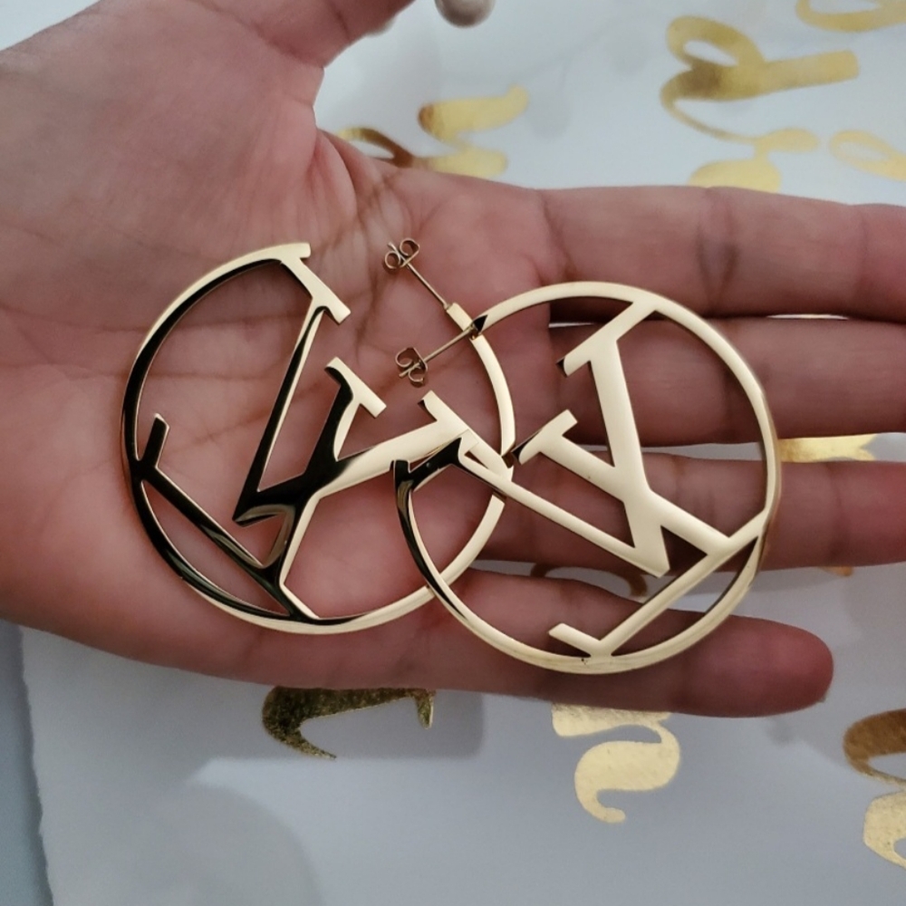 LV Louis Vuiton Gold Designer Logo Hoop Earrings